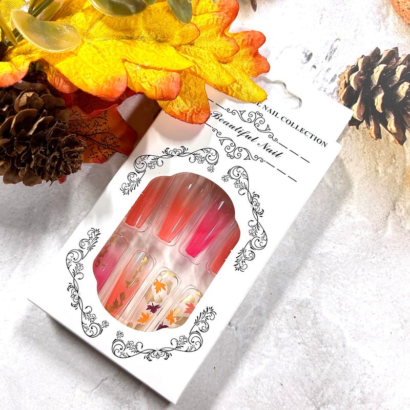 CJDLTS Thanksgiving Press on Nails Long Ballet Shaped Maple Leaf Sequins Design Fall False Nail Full Cover Glossy Gradient Stick on Nail Acrylic Artificial Fingernails Festival Glue on Nails for Women - Image 5